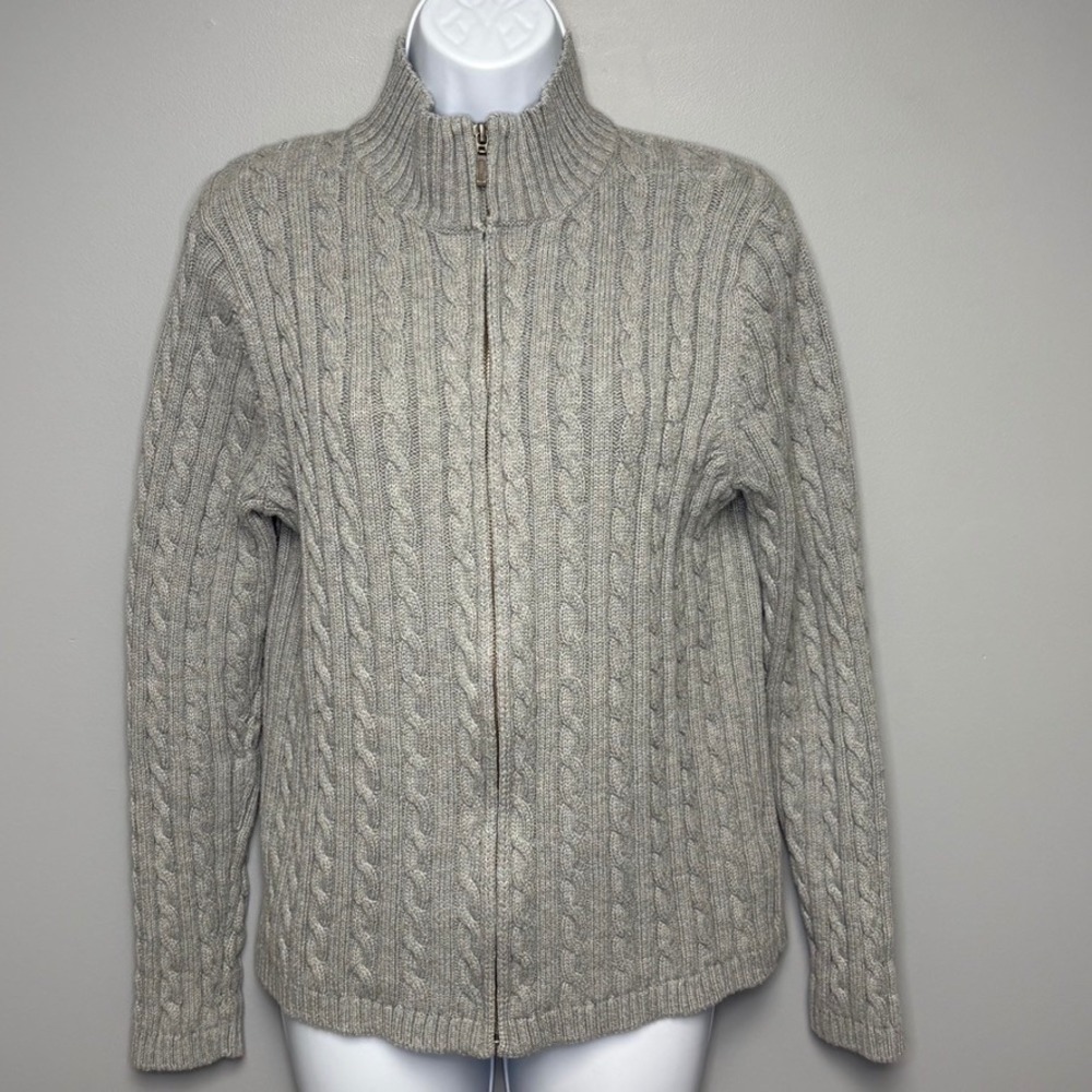 L.L. Bean Grey Cable Knit Preppy Outdoor Full Zip Mock Neck Sweater Women's Sz L